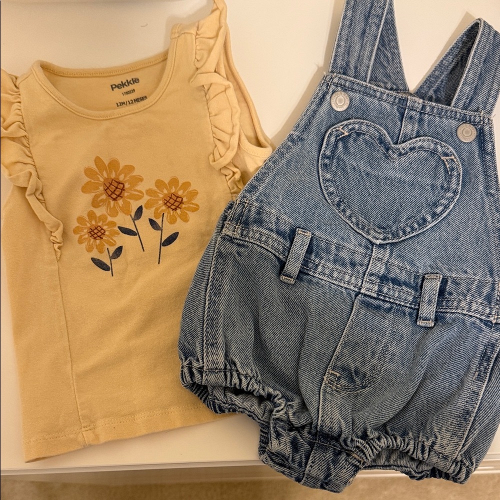 Baby Gir Yellow Top and Blue Denim Overalls Set!